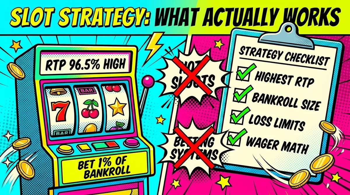 Slot strategy infographic: check the highest RTP version, bet 1% of bankroll, match volatility to budget, set a loss limit, do the wagering math