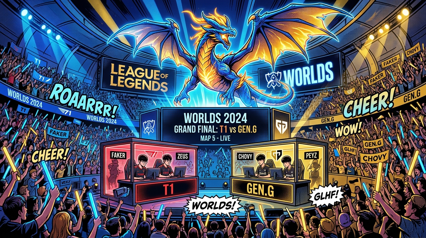 League of Legends Worlds Championship Grand Finals Arena with Live Pro Players and Holograms