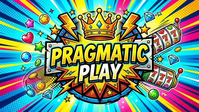 Pragmatic Play slot provider emblem badge with title lettering, golden crown, lightning bolts, and tumbling candy gems in pop-art style