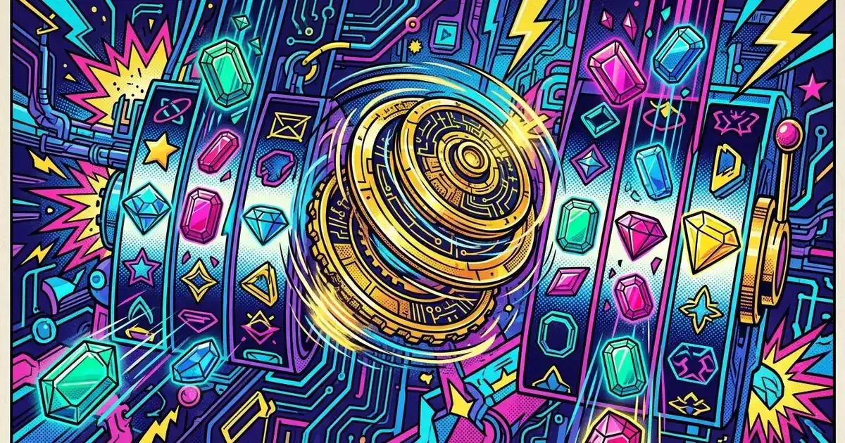 Abstract pop-art illustration of digital casino slot mechanics with spinning reels, glowing geometric gems, circuit patterns, and comic halftone effects