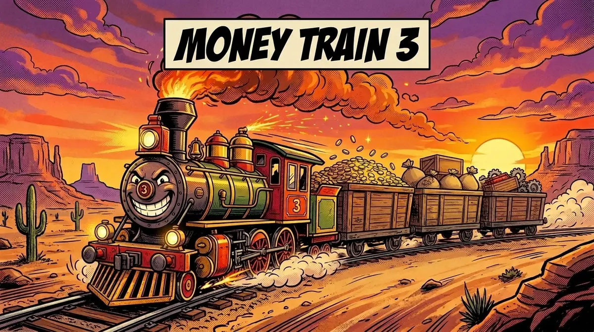 Money Train 3 slot artwork: a cartoon steam train hauling gold at sunset