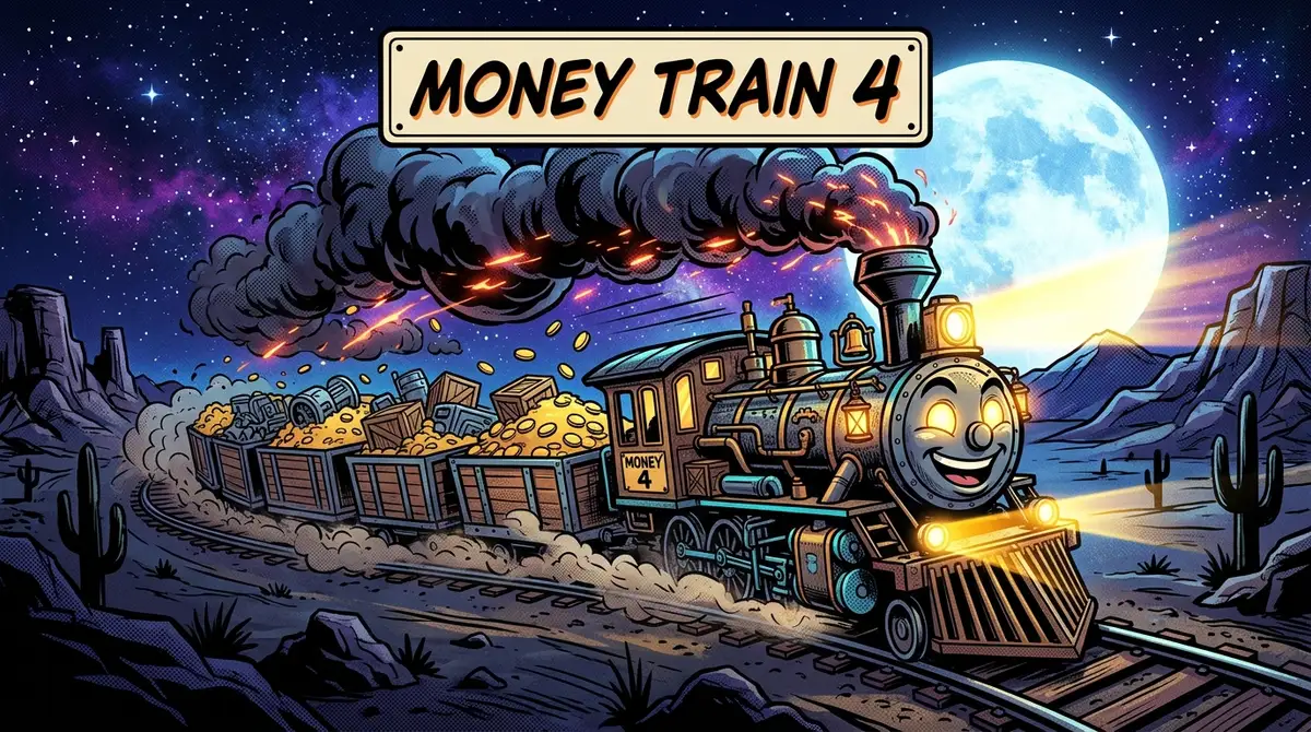 Money Train 4 slot artwork: a cartoon steam train hauling gold under a full moon