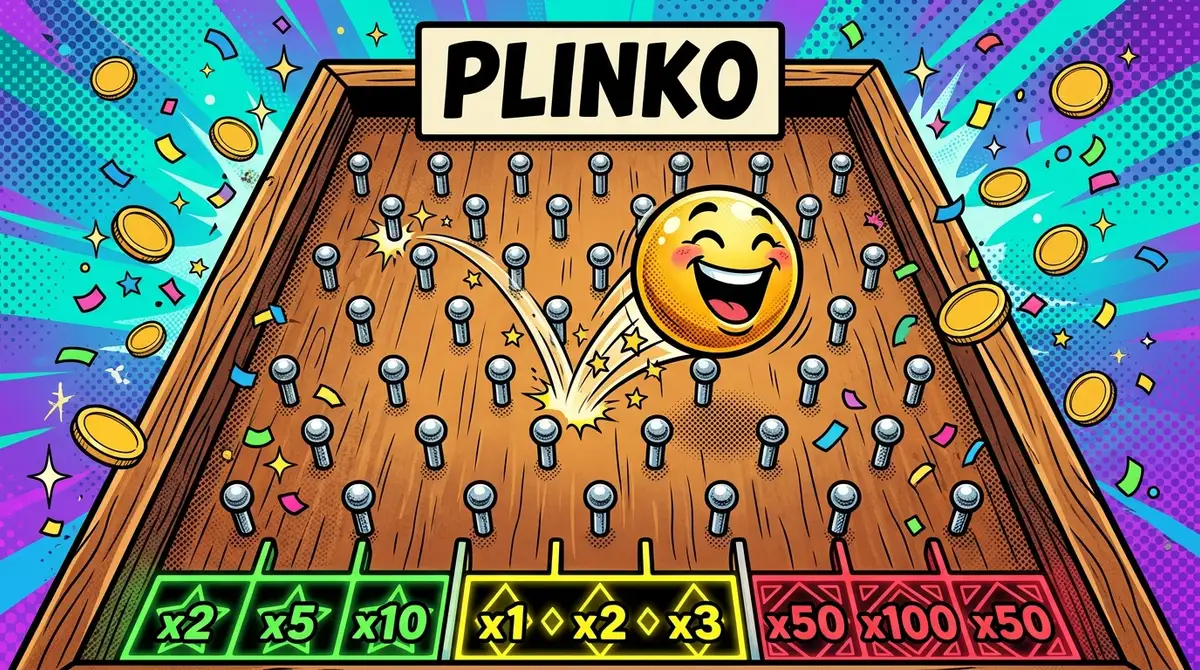 Plinko game artwork: a smiling ball bouncing down a pegboard into multiplier pockets
