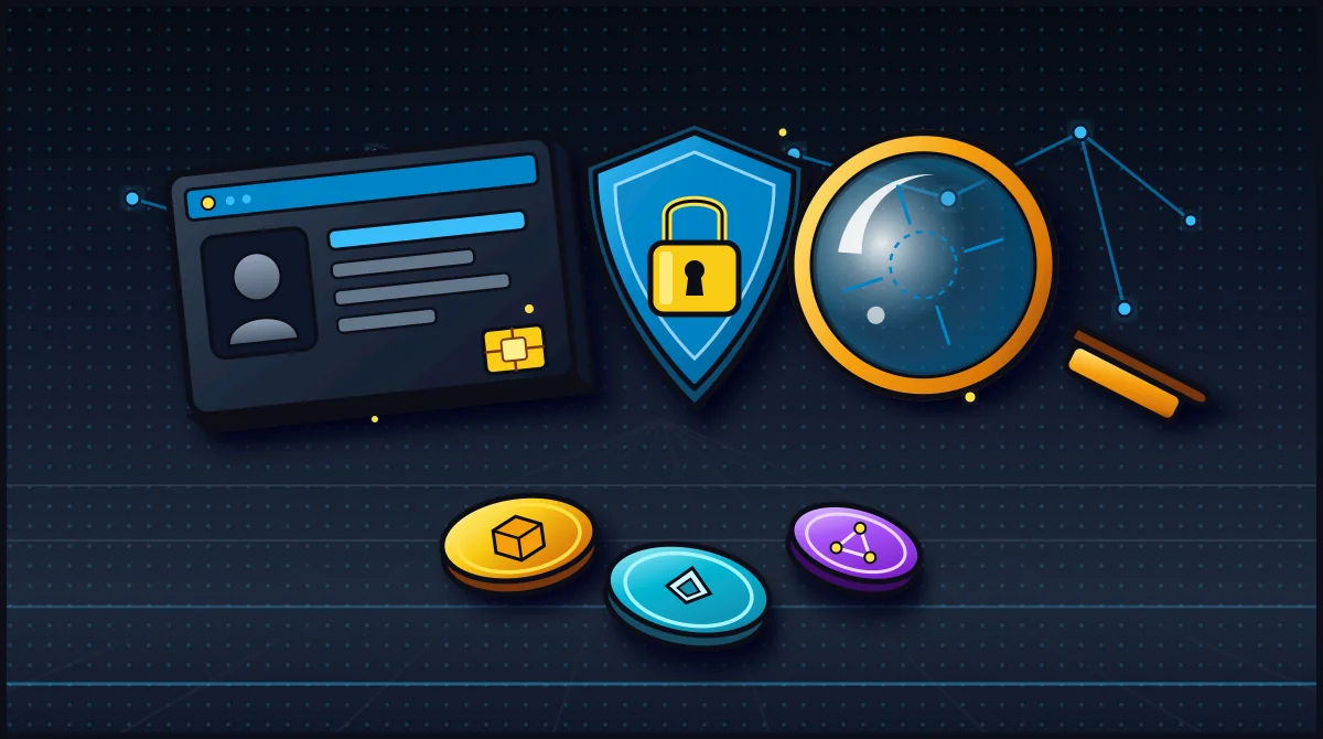 Illustration of an ID card, a shield with a check mark and a stack of coins